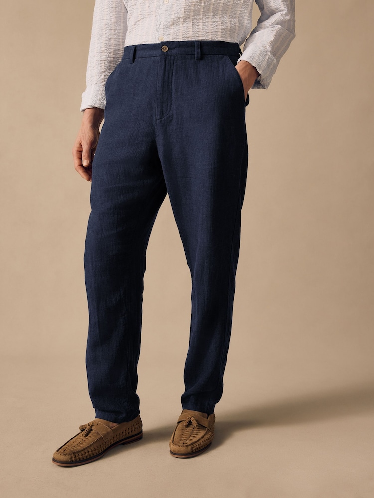 Navy Blue Elasticated Waist Textured Linen Blend Trousers - Image 1 of 10