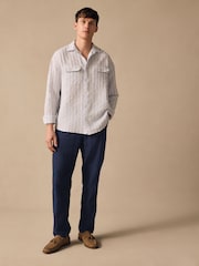 Navy Blue Elasticated Waist Textured Linen Blend Trousers - Image 2 of 10