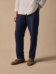 Navy Blue Elasticated Waist Textured Linen Blend Trousers - Image 3 of 10