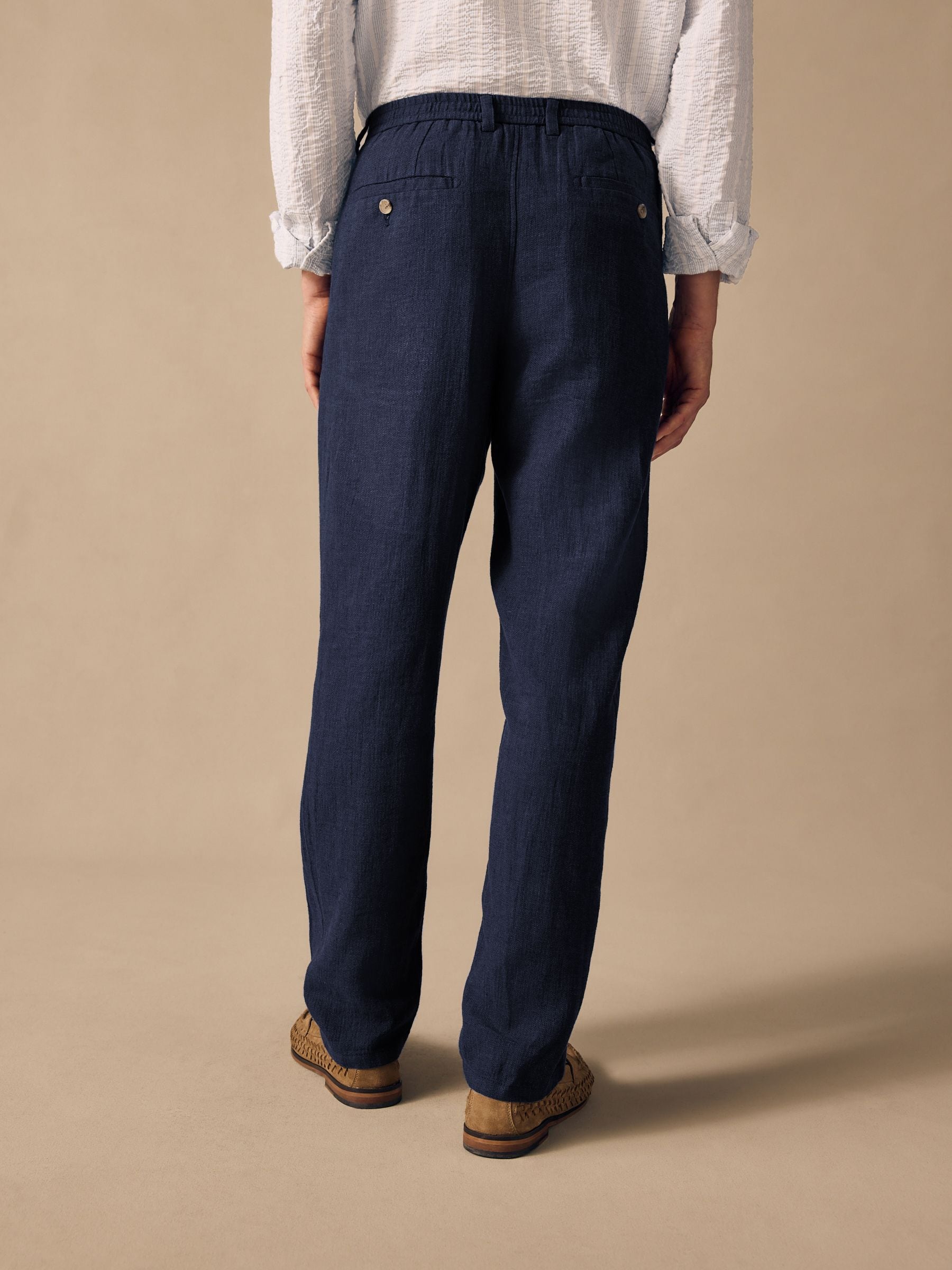 Buy Navy Blue Elasticated Waist Textured Linen Blend Trousers from