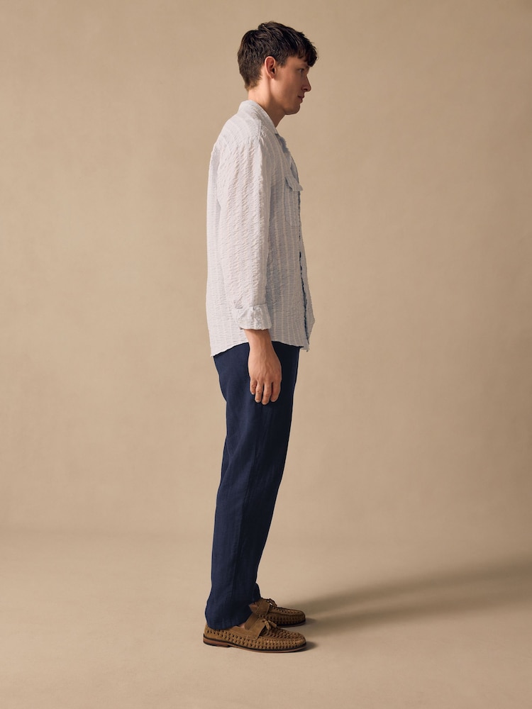 Bleu marine - Pantalons Blend de lin texturé à taille élastiquée - Image 5 of 10