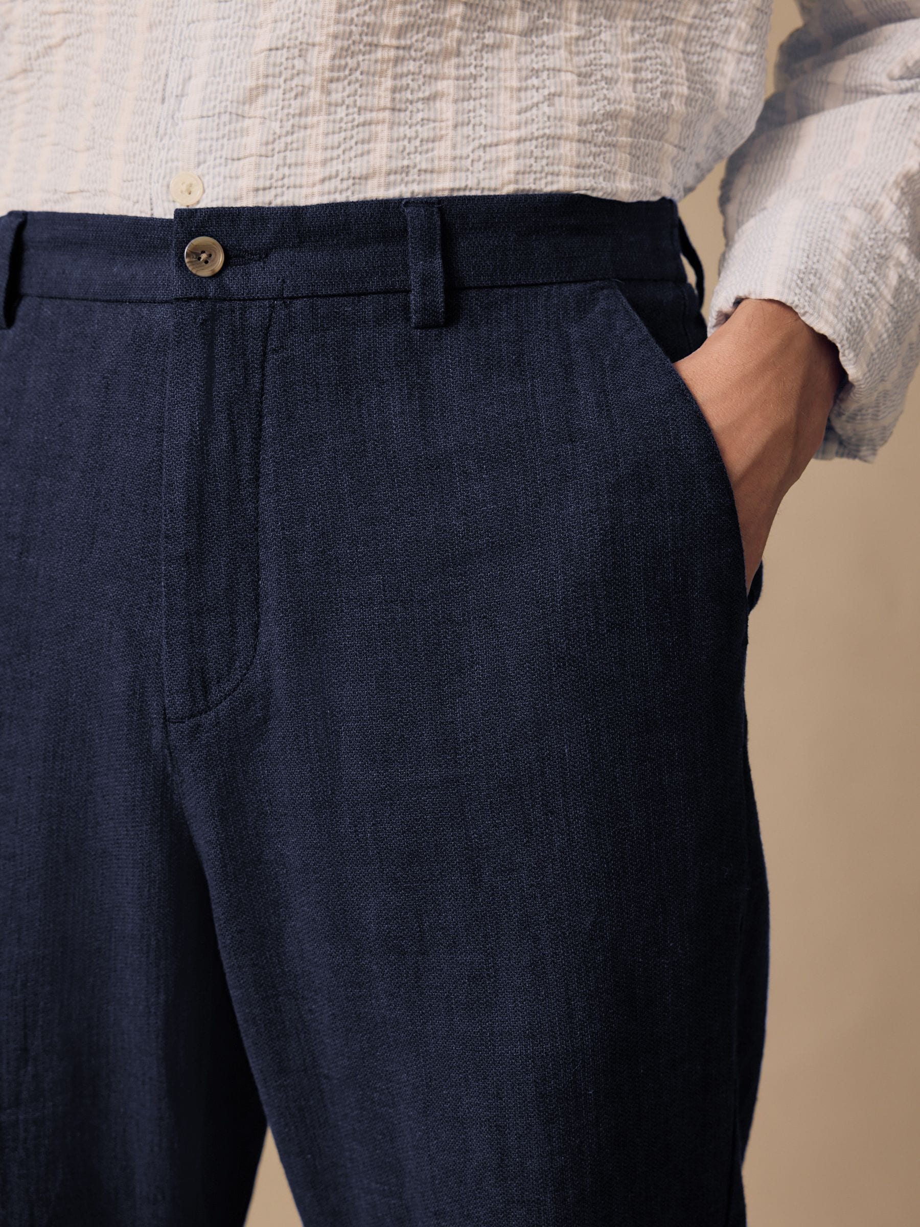 Buy Navy Blue Elasticated Waist Textured Linen Blend Trousers from