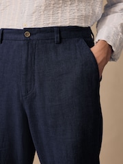 Navy Blue Elasticated Waist Textured Linen Blend Trousers - Image 6 of 10