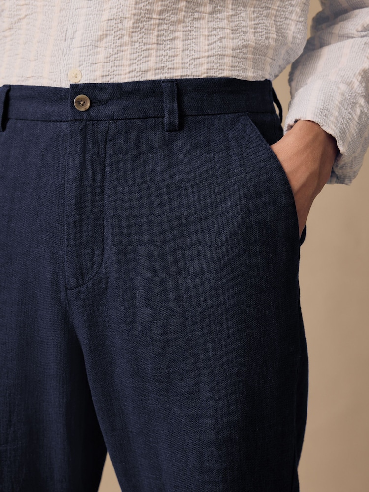 Bleu marine - Pantalons Blend de lin texturé à taille élastiquée - Image 6 of 10