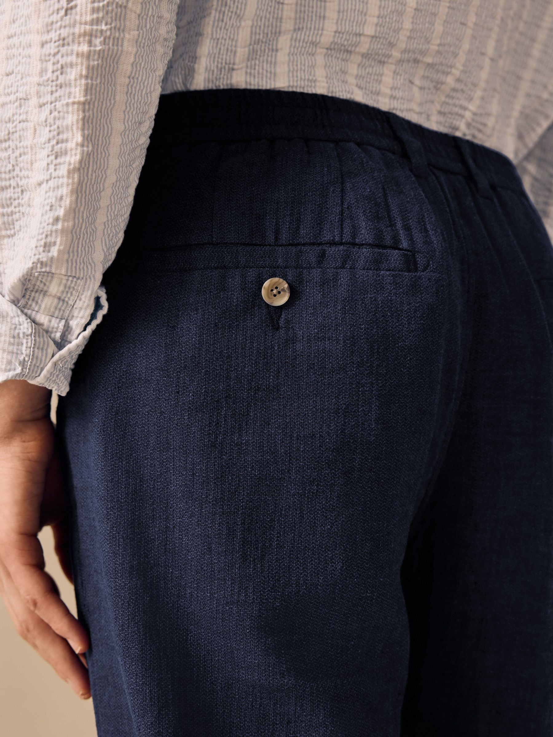 Buy Navy Blue Elasticated Waist Textured Linen Blend Trousers from