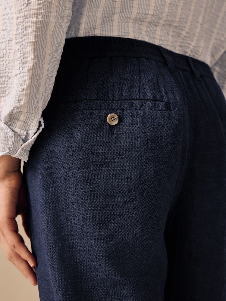 Bleu marine - Pantalons Blend de lin texturé à taille élastiquée - Image 7 of 10