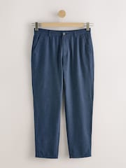 Navy Blue Elasticated Waist Textured Linen Blend Trousers - Image 8 of 10