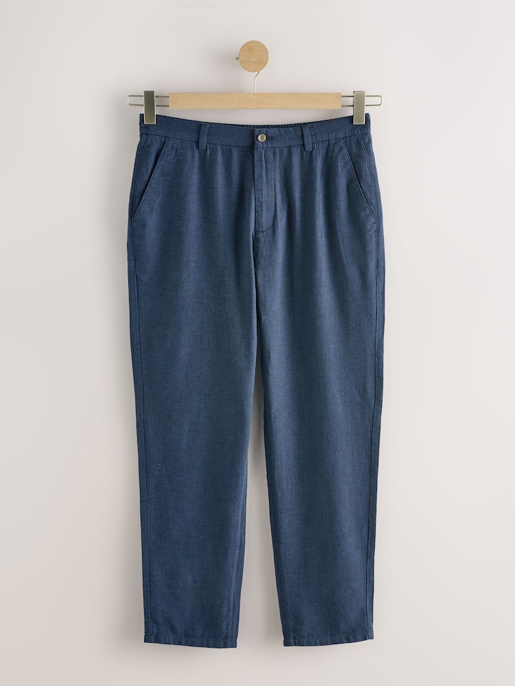 Bleu marine - Pantalons Blend de lin texturé à taille élastiquée - Image 8 of 10