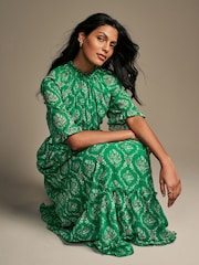 Laura Ashley Green Foscot Damask Floral Chiffon Midaxi Dress - Image 4 of 5