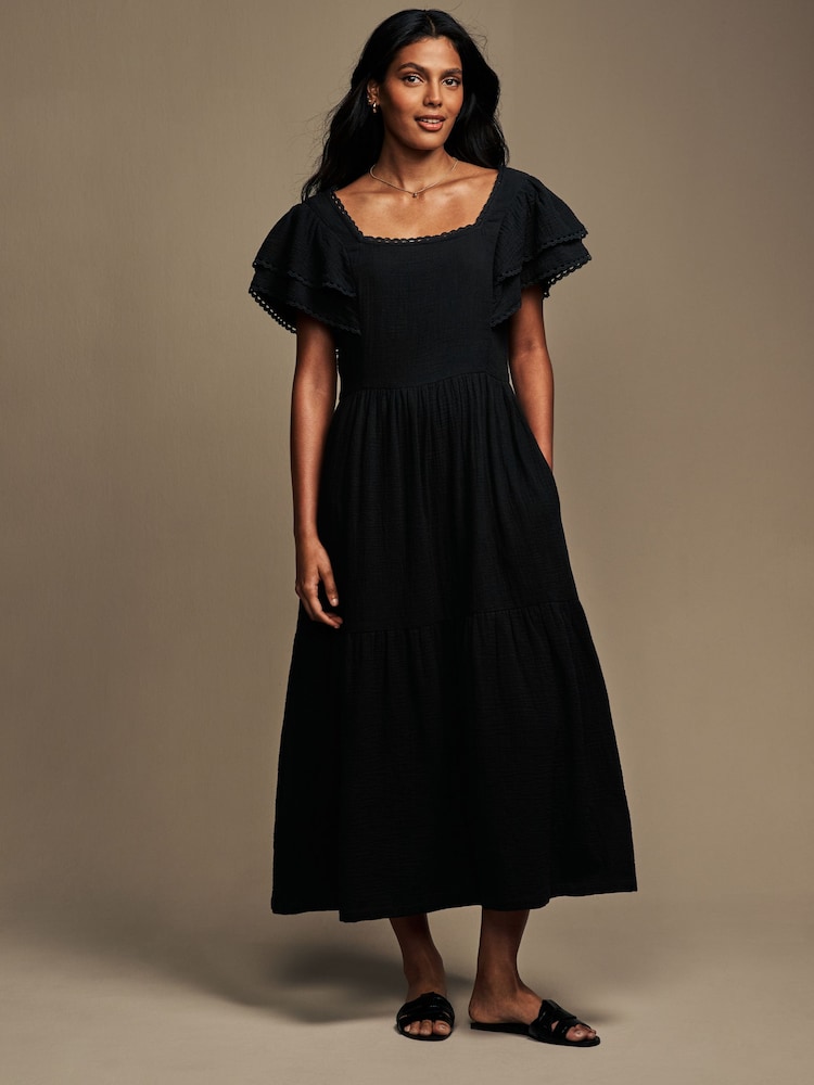 Laura Ashley Black Ruffle Sleeve 100% Cotton Dress with Lace Trims - Image 2 of 5 Laura Ashley Black Ruffle Sleeve 100% Cotton Dress with Lace Trims - Image 2 of 5