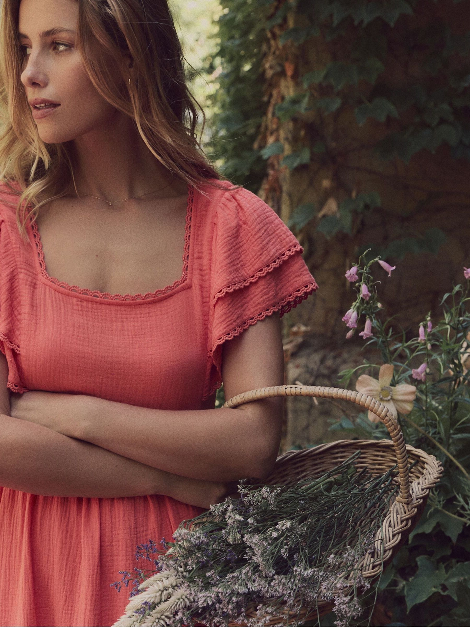 Laura Ashley Coral Pink Ruffle Sleeve 100% Cotton Dress with Lace Trims ...