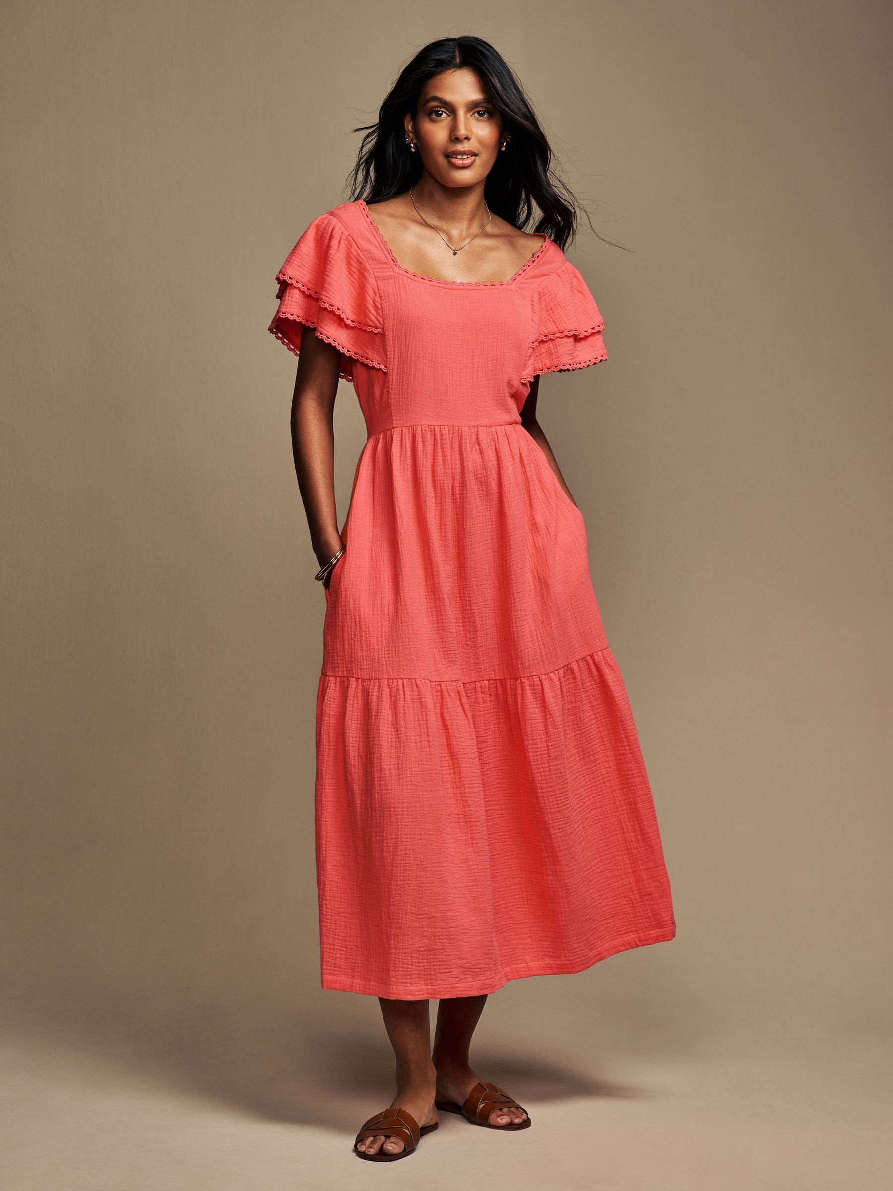 Buy Laura Ashley Coral Pink Ruffle Sleeve 100% Cotton Dress