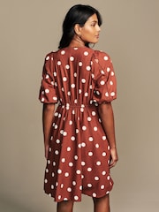 Laura Ashley Rust Brown Bubble Sleeve Lace Trim Mini Dress - Image 2 of 8