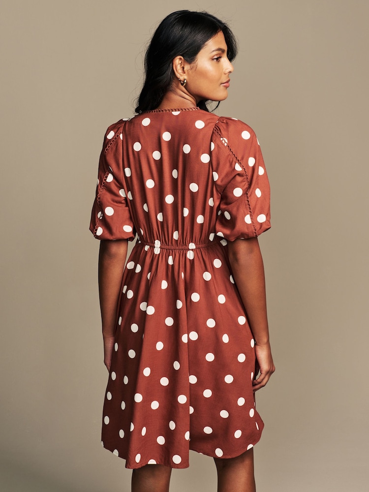 Laura Ashley Rust Brown Bubble Sleeve Lace Trim Mini Dress - Image 2 of 8