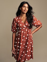 Laura Ashley Rust Brown Bubble Sleeve Lace Trim Mini Dress - Image 4 of 8