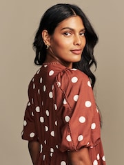 Laura Ashley Rust Brown Bubble Sleeve Lace Trim Mini Dress - Image 5 of 8