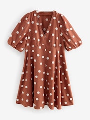 Laura Ashley Rust Brown Bubble Sleeve Lace Trim Mini Dress - Image 6 of 8