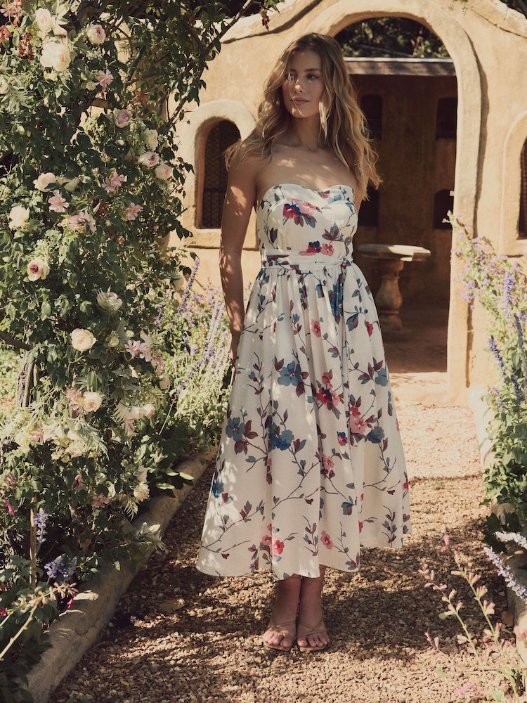 Laura Ashley Ivory Priory Floral Strapless Tie Detail Midaxi Dress - Image 1 of 9