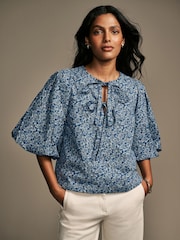 Laura Ashley Blue Paxton Floral Ditsy Puff Sleeve Tie Front Blouse - Image 1 of 6