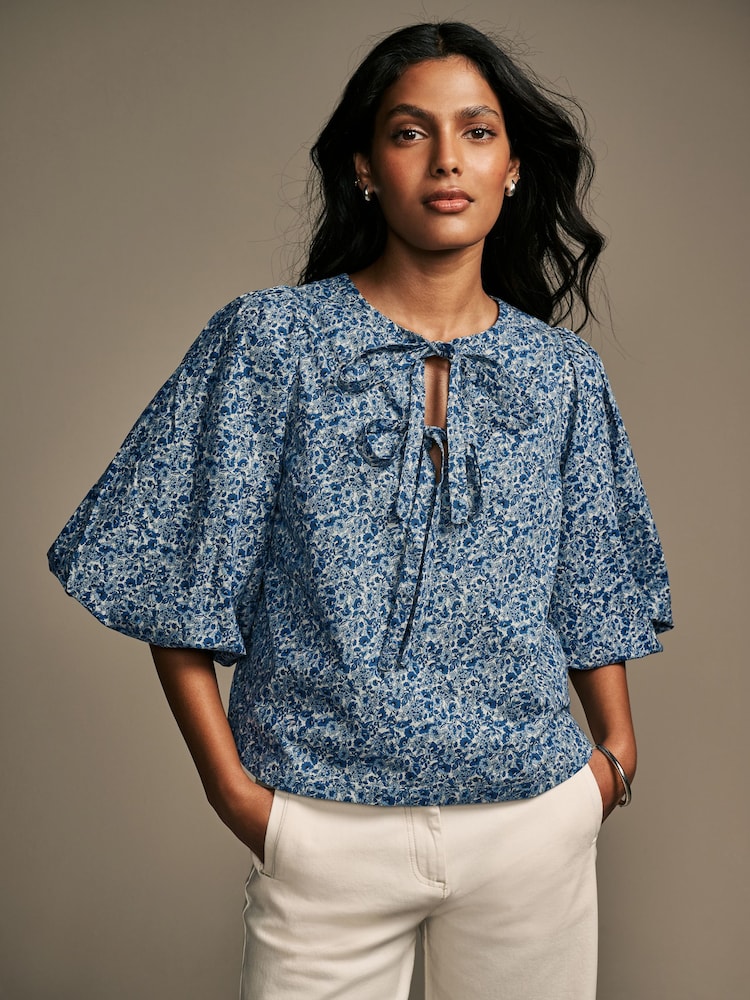 Laura Ashley Blue Paxton Floral Ditsy Puff Sleeve Tie Front Blouse - Image 1 of 6