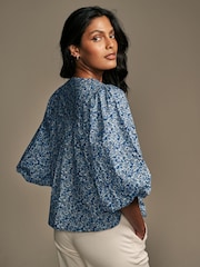 Laura Ashley Blue Paxton Floral Ditsy Puff Sleeve Tie Front Blouse - Image 2 of 6