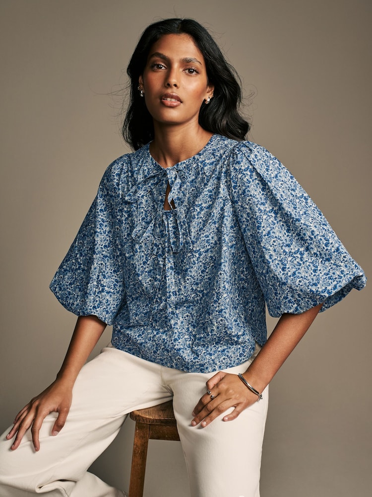 Laura Ashley Blue Paxton Floral Ditsy Puff Sleeve Tie Front Blouse - Image 4 of 6