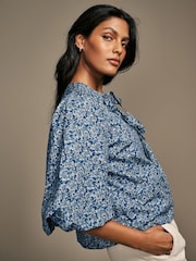 Laura Ashley Blue Paxton Floral Ditsy Puff Sleeve Tie Front Blouse - Image 5 of 6