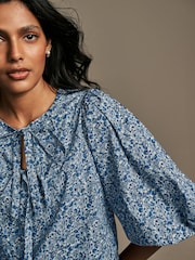 Laura Ashley Blue Paxton Floral Ditsy Puff Sleeve Tie Front Blouse - Image 6 of 6