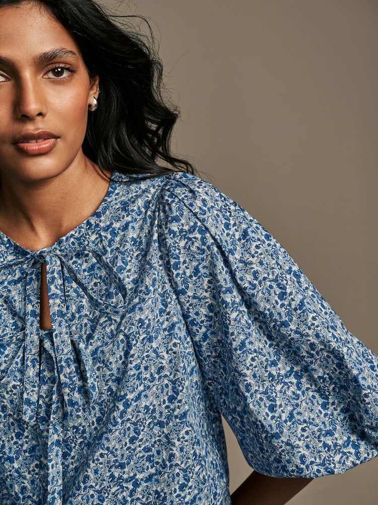 Laura Ashley Blue Paxton Floral Ditsy Puff Sleeve Tie Front Blouse - Image 6 of 6