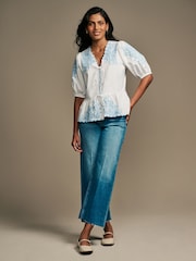 Laura Ashley White/Blue Embroidered Tie Front Bow Detail Blouse - Image 1 of 4