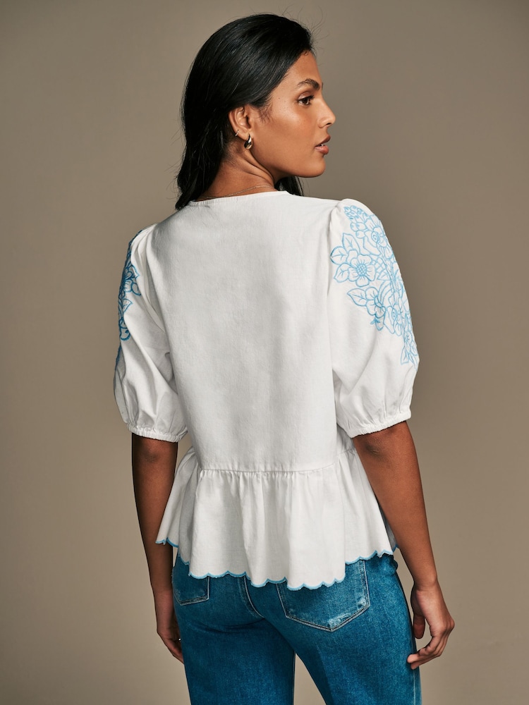 Laura Ashley White/Blue Embroidered Tie Front Bow Detail Blouse - Image 2 of 4