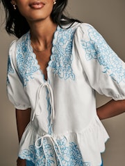 Laura Ashley White/Blue Embroidered Tie Front Bow Detail Blouse - Image 3 of 4