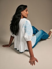Laura Ashley White/Blue Embroidered Tie Front Bow Detail Blouse - Image 4 of 4