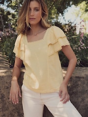 Laura Ashley Buttermilk Yellow Ruffle Sleeve 100% Cotton Top with Lace Trims - Image 1 of 13
