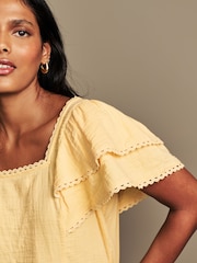 Laura Ashley Buttermilk Yellow Ruffle Sleeve 100% Cotton Top with Lace Trims - Image 10 of 13