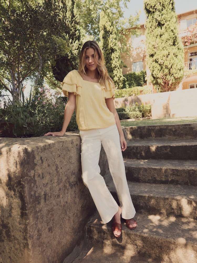 Jaune Buttermilk - Haut Laura Ashley Volants à manches 100% coton avec bordures en dentelle - Image 3 of 13