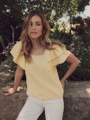 Laura Ashley Buttermilk Yellow Ruffle Sleeve 100% Cotton Top with Lace Trims - Image 5 of 13