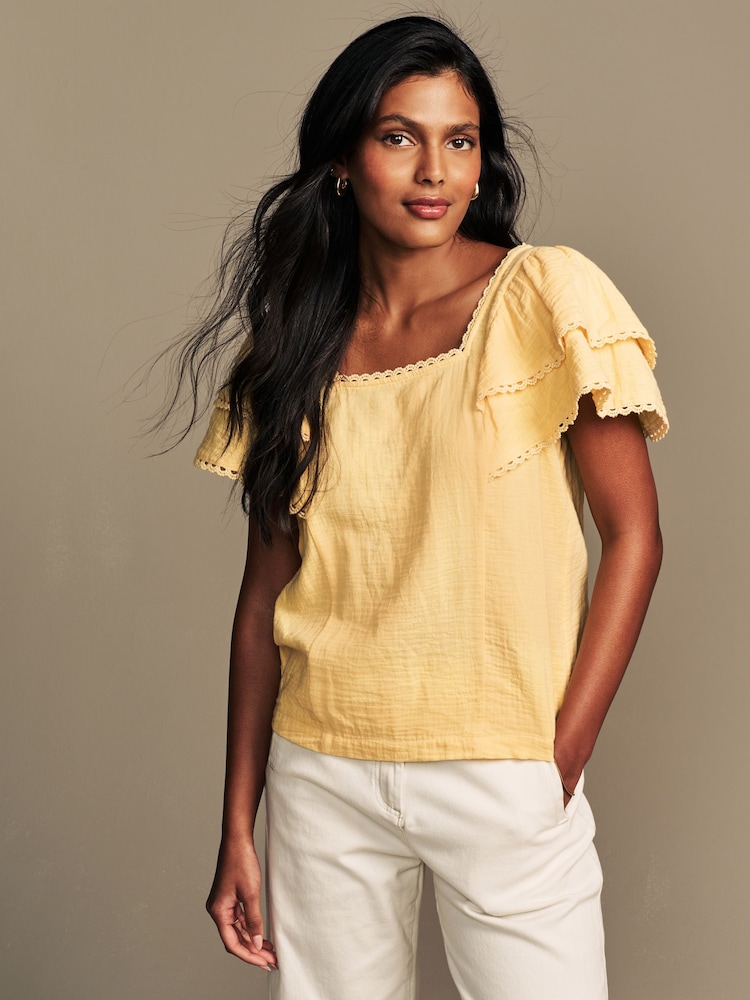 Jaune Buttermilk - Haut Laura Ashley Volants à manches 100% coton avec bordures en dentelle - Image 6 of 13