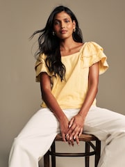 Laura Ashley Buttermilk Yellow Ruffle Sleeve 100% Cotton Top with Lace Trims - Image 8 of 13