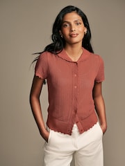 Laura Ashley Rust Brown Button Down Crochet Knit Top - Image 1 of 5