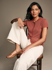 Laura Ashley Rust Brown Button Down Crochet Knit Top - Image 4 of 5