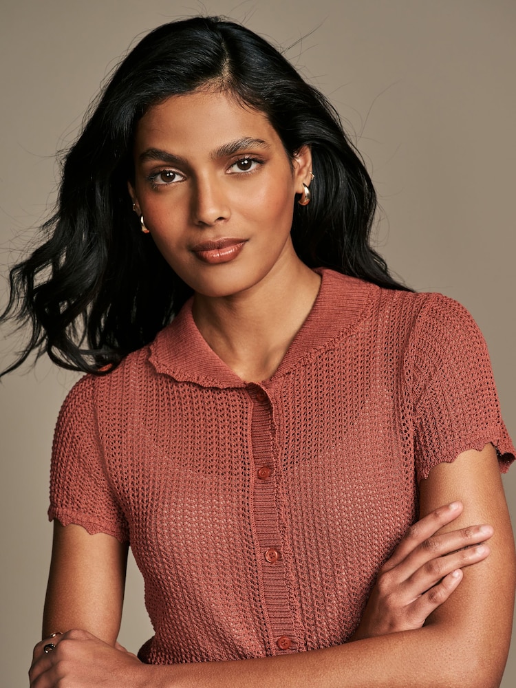 Laura Ashley Rust Brown Button Down Crochet Knit Top - Image 5 of 5