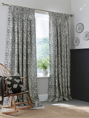 Burleigh X Bedeck Of Belfast Charcoal/White Regal Peacock 100% Cotton Blackout Pencil Pleat Curtains - Image 1 of 3