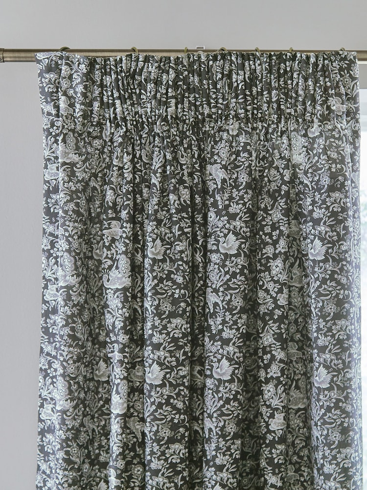 Burleigh X Bedeck Of Belfast Charcoal/White Regal Peacock 100% Cotton Blackout Pencil Pleat Curtains - Image 2 of 3