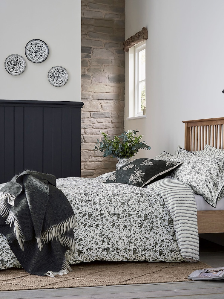Burleigh X Bedeck Of Belfast Charcoal/White Regal Peacock 100% Cotton Duvet Cover and Pillowcase Set - Image 1 of 4 Burleigh X Bedeck Of Belfast Charcoal/White Regal Peacock 100% Cotton Duvet Cover and Pillowcase Set - Image 1 of 4