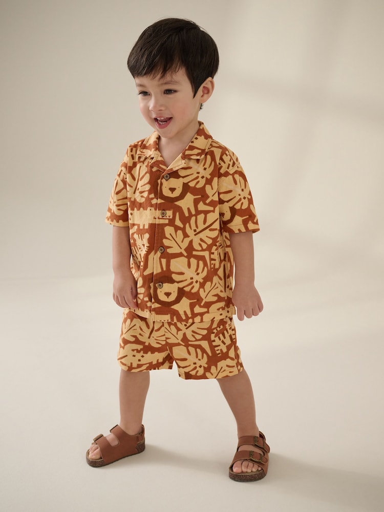Tan Brown Safari AOP Short Sleeves Printed Shirt and Shorts Set (3mths-7yrs) - Image 1 of 4