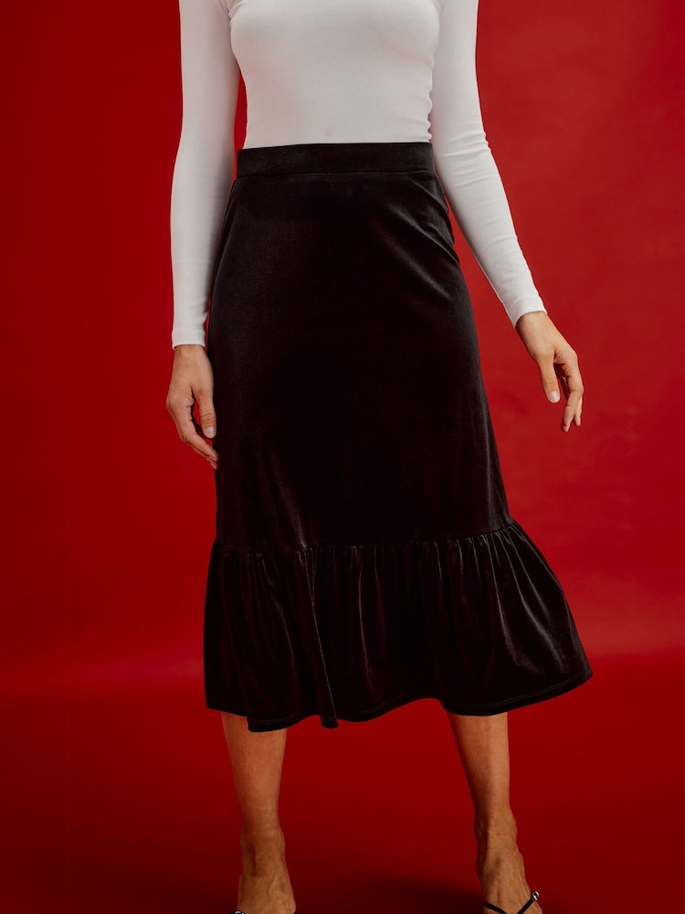 Finery Black Joline Velvet Tiered Midi Skirt - Image 1 of 5 Finery Black Joline Velvet Tiered Midi Skirt - Image 1 of 5