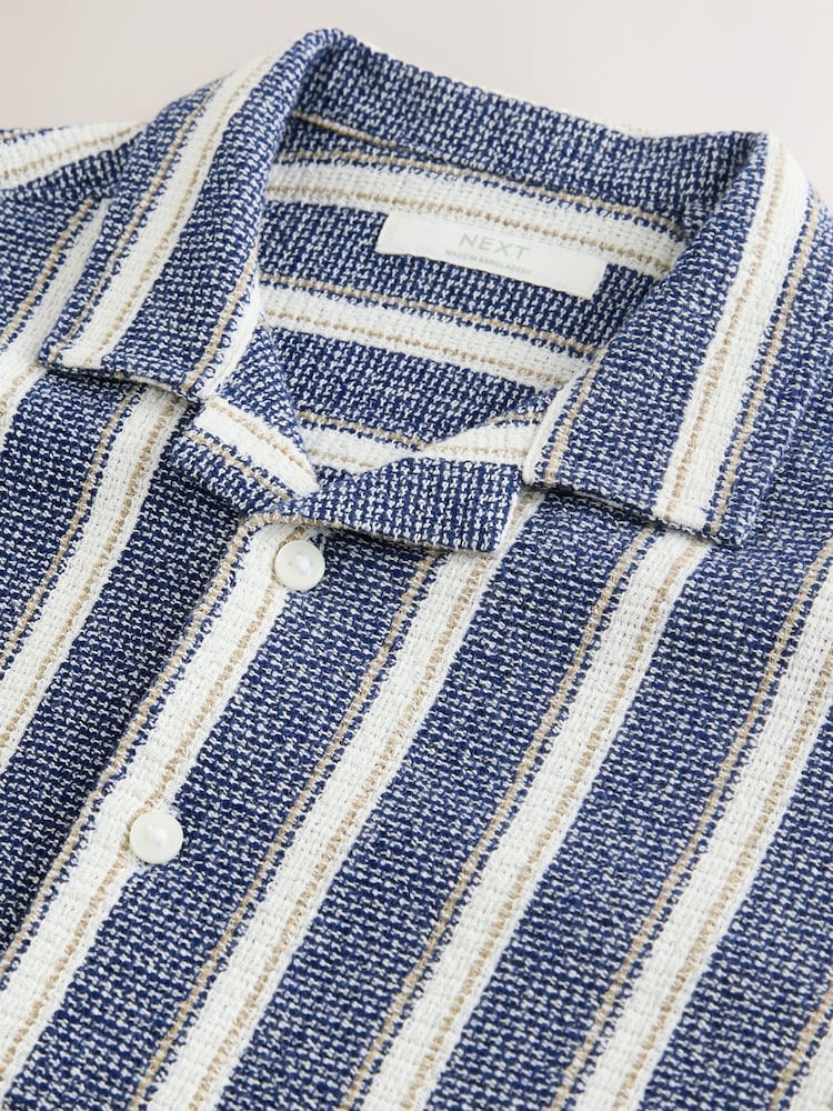 Blue Stripe Short Sleeves Revere Collar Texture Stripe Shirt (3-16yrs) - Image 4 of 4 Blue Stripe Short Sleeves Revere Collar Texture Stripe Shirt (3-16yrs) - Image 4 of 4