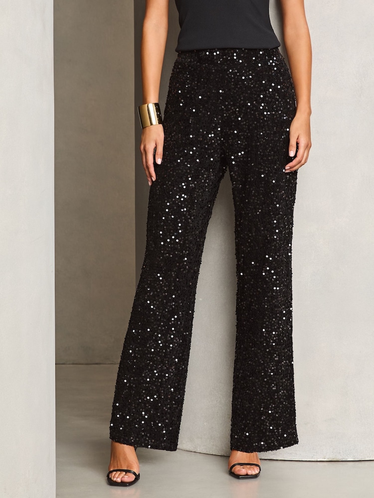 Lipsy Black Sequin Wide Leg Trousers - Image 1 of 4