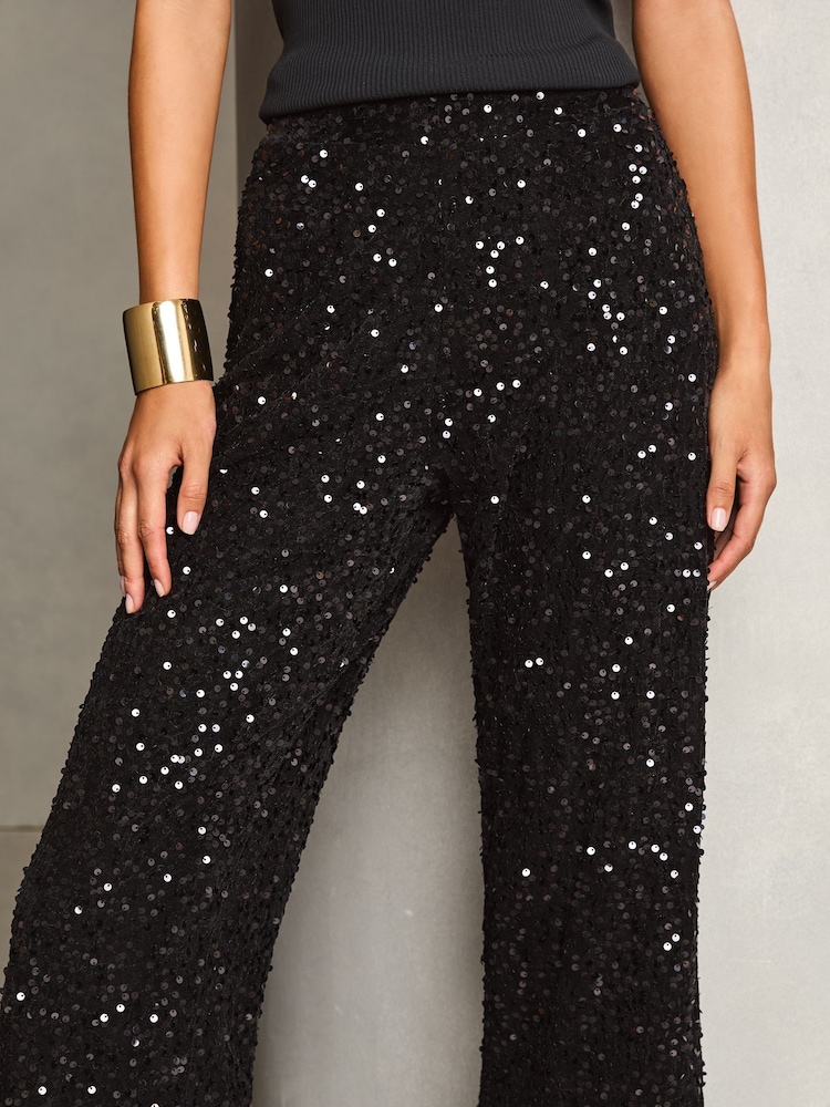 Lipsy Black Sequin Wide Leg Trousers - Image 2 of 4 Lipsy Black Sequin Wide Leg Trousers - Image 2 of 4